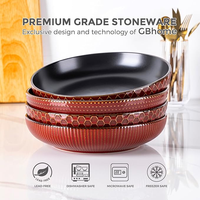 GBHOME 9.5'' Large Pasta Bowls, 42 Ounce Stoneware Salad Bowls for Kitchen, Ceramic Serving Bowls With Textured Pattern for Pasta,Fruit, Stews,Noodle, House-warming Gift, Set of 4-Rythmic Red