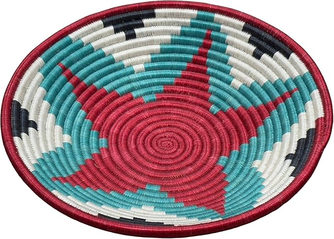 Handwoven African Basket Handmade sisal Fruit Bowl Wall Hanging decorative Baskets for Home Living Room Kitchen Centerpiece Zen Designs Arts and Crafts (Turquoise Red White, 10in diameter)