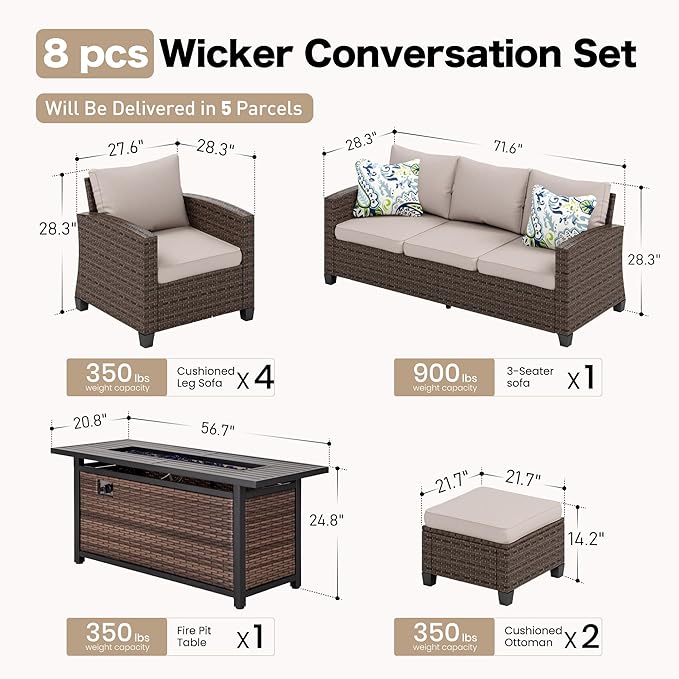 Patio Furniture Set Outdoor Furniture Brown Wicker Rattan Patio Conversation Sets with Cushion Outside Sofa Set,7 Pieces with Rectangular Firepit Table,9 Seats,Beige