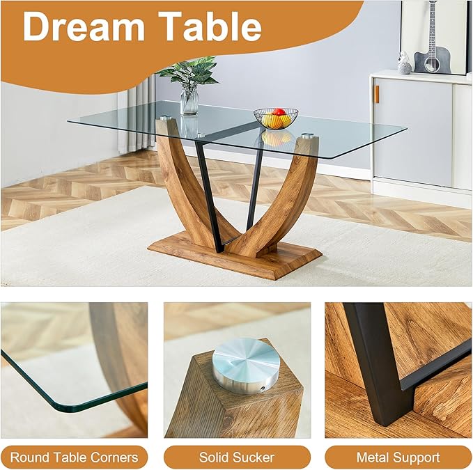 Glass Dining Table Set for 6,Modern Kitchen Table with 6 Chairs, Tempered Glass Table with Suede Leather Dining Chairs,71” Dining Room Table Set for Dining Room and Kitchen