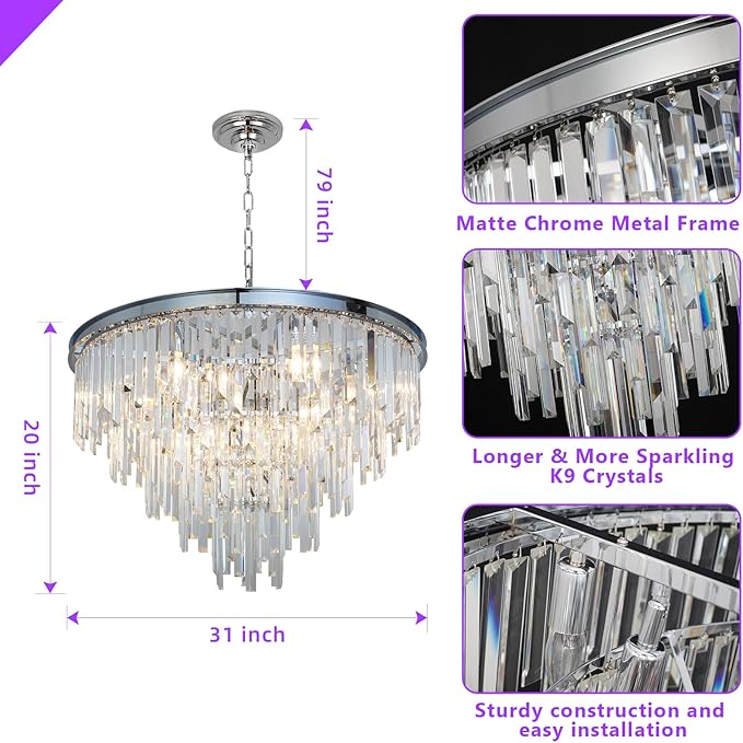 Chrome Top K9 Crystal Chandelier Modern Lighting Fixture, 16 Lights Round K9 Crystal Adjustable Hanging Lamp for Dining Room Bedroom Living Room,Hallway,Bar,Kitchen W31''