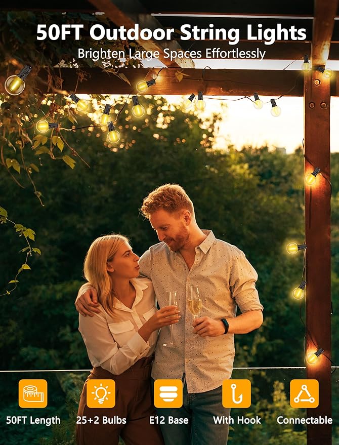 50FT Outdoor String Lights, G40 Globe String Lights with 25 Bulbs& 2 Spare, Waterproof Warm White Lights Indoor, Connectable Patio Lights for Outside Backyard Wedding Bistro Party Decor