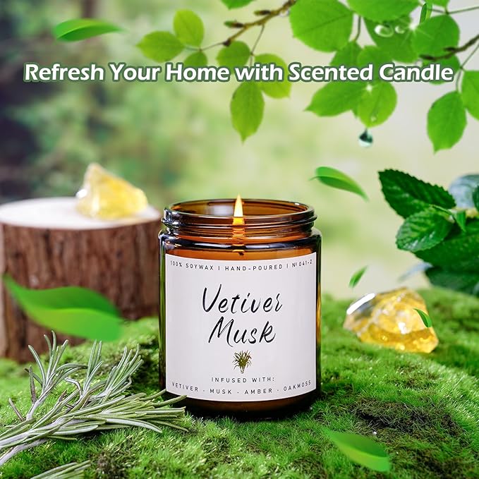 Scented Candle for Home | Vetiver Musk Candle | Aromatherapy Candles- Soy Candles for Home Scented, Gifts for Women Men, Vetiver Fragrance -7oz, Single-Wick Made with Soy Wax