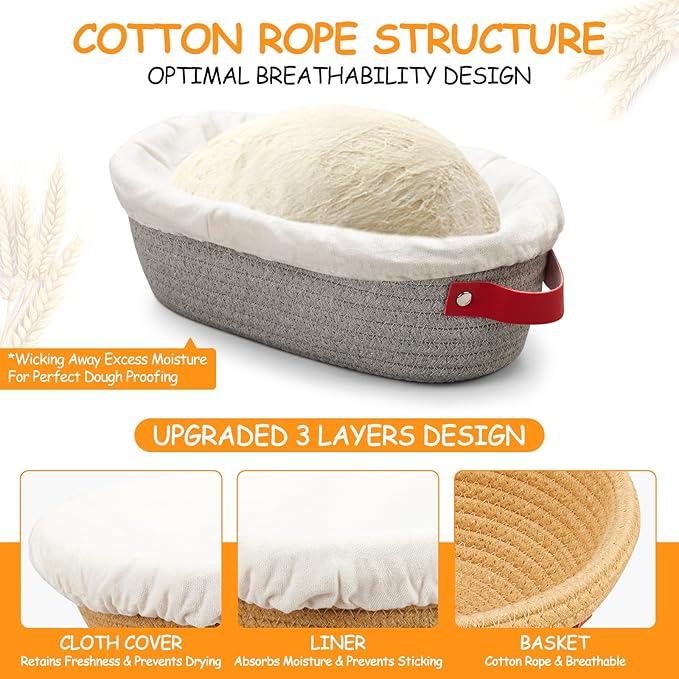 Banneton Bread Proofing Basket -Cotton Oval & Round Banneton Basket Set Sourdough Proofing Baskets Round Proofing Bowls Handmade Rattan Baskets and Liners