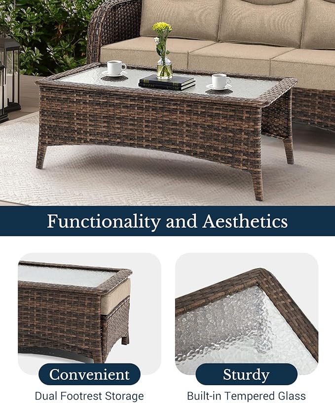 HILLGA Luxury Patio Furniture Set with 6-inch Thick Cushion, Outdoor Couch and High Back Swivel Rocker Patio Chairs, 10PCS Wicker Conversation Set for Deck Yard and Poolside, Beige (V2)