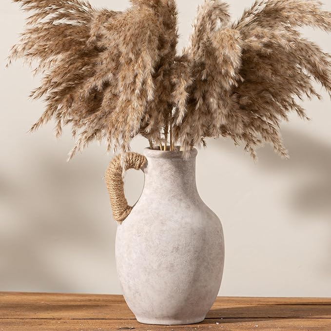 Ceramic Flower Vase Home Decor - 10 Inch Large White Rustic Table Flowers Vases Living Room Bedroom Plant Decorations Farmhouse Vintage for Kitchen Shelf Office Coffee Dining Desk House Women