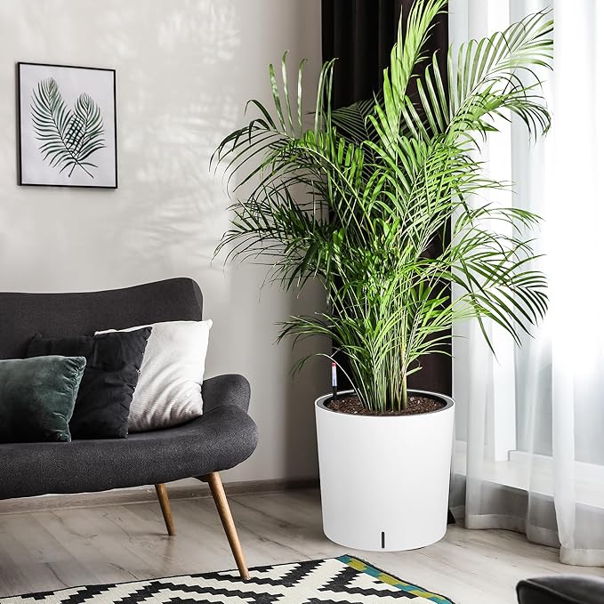 Tall Round Planter Set of 2, 19.5‘’ H x 19.9" Dia Large Planters for Indoor Plants with Built-in Drainage and a Water Level Monitor and Wheels for Patio, Porch, Living Room, or Home Office, White