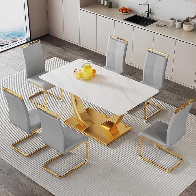 63” Dining Room Table Set for 6,Modern Gold Dining Table Set for 6, Rectangle Kitchen Table Set with Leather Chairs,White Faux Marble Dinner Table Set with Tempered Glass Top and Golden Base