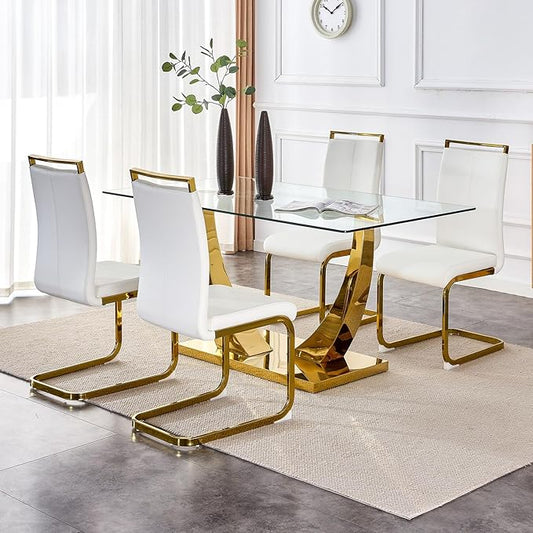 63” Glass Dining Table Set for 4,Gold Dining Room Table Set for 4,Modern Kitchen Table and PU Leather Chairs for 4, Dinner Table with Rectangle Tempered Glass Top and Golden Base