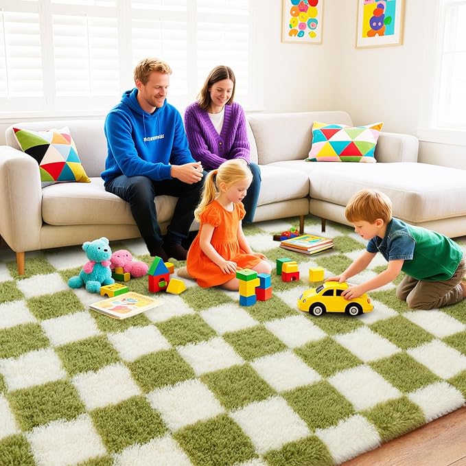 Checkered Rugs for Bedroom, Ultra Fluffy Fuzzy Shag Area Rug for Living Room 5x7, Modern Plush Soft Upgrade Non-Slip Carpet for Kids Girls and Boys Room Dorm Nursery Home Decor, Cream and Green
