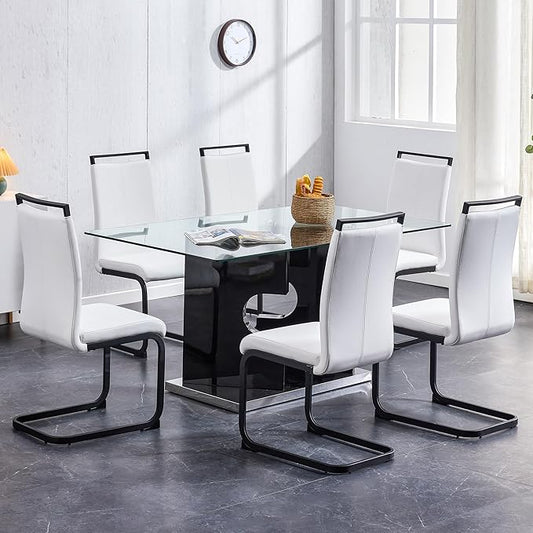 Glass Dining Room Table Set for 6,Dining Table Set for 6 with PU Leather Chairs,Retangular Dining Table with MDF Table Legs and Sliver Base for Dining Room