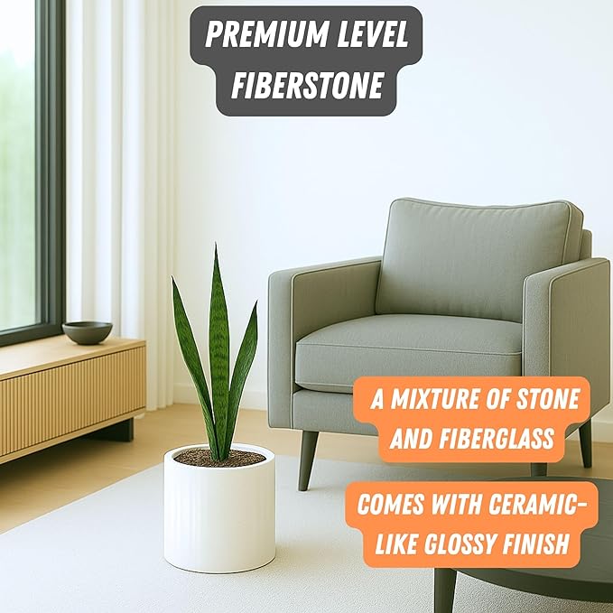 Fox & Fern 8 Inch Plant Pot with Drainage Plug — Premium Lightweight Fiberstone Glossy White Planter; Indoor & Outdoor Planter; 8 Inch Pots for Plants; Weather Resistant & UV Resistant