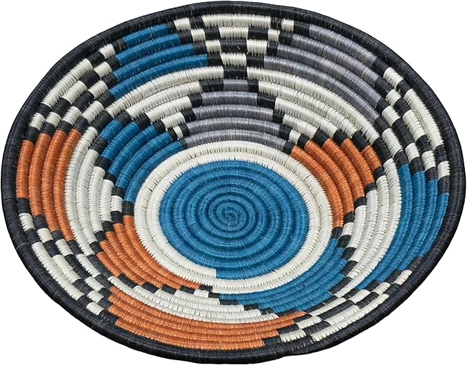 Handwoven African Basket Handmade sisal Fruit Bowl Wall Hanging decorative Baskets for Home Living Room Kitchen Centerpiece Zen Designs Arts and Crafts (Orange Blue Grey, 8in diameter)