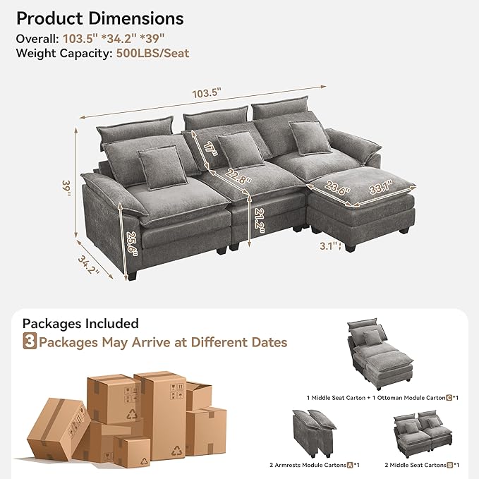 103'' Cloud Modern 3 Seater Couch with Detachable Headrest, Modular Sectional Sofa with Ottoman, Oversized L Shape Chenille Comfy Sofa with Armrests for Living Room, Light Grey