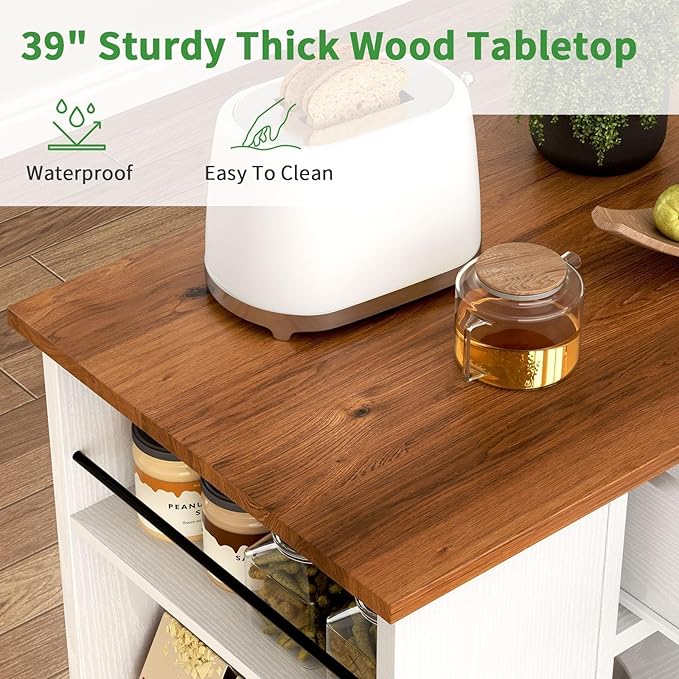 4 EVER WINNER Kitchen Island cart with Storage on Wheels, Kitchen Island with Storage Cabinet, Spice Rack & Towel Rack & Drawer, Kitchen Island Cart with Open Shelves for Dining Room,White