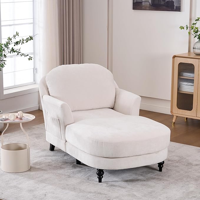 Chaise Lounge Chair Indoor, 59.8" Oversized Couch Reading Chairs，Chenille Comfortable Deep Sleeping Single Sofa, Upholstered Modern Couch Sofa Bed for Living Room, Bedroom & Apartment (Beige)
