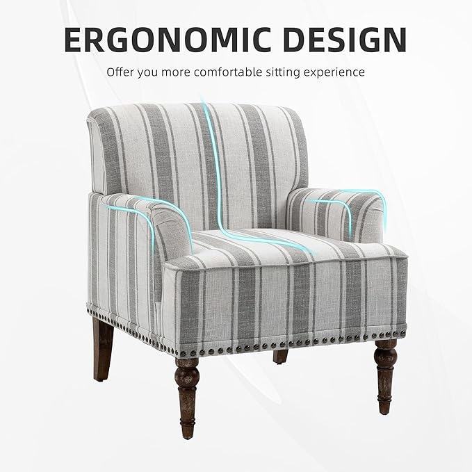 Modern Accent Chair with Arms,2 Set Mid Century Stripe Armchair for Living Room,Comfy Linen Fabric Single Sofa for Apartment Bedroom,Comfortable Cushioned Seat for Reading Home Office-Gray Stripe