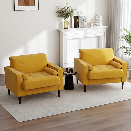UIXE Corduroy Accent Chairs Set of 2, Modern Upholstered Living Room Arm Chair Comfy Bedroom Reading Armchair with Bolster Pillows, Mid-Century Track Armrest Tufted Single Sofa Seat (Yellow)