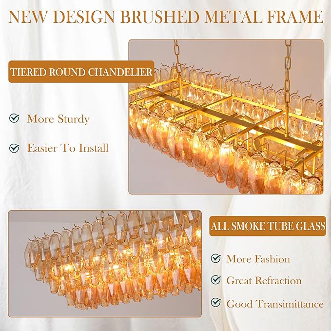 54" Gold Rectangular Chandeliers for Dining Room, 12-Light 4 Tiered Large Smoke Glass Brass Chandelier, Modern Kitchen Island Farmhouse Hanging Light Fixture for Living Room Foyer