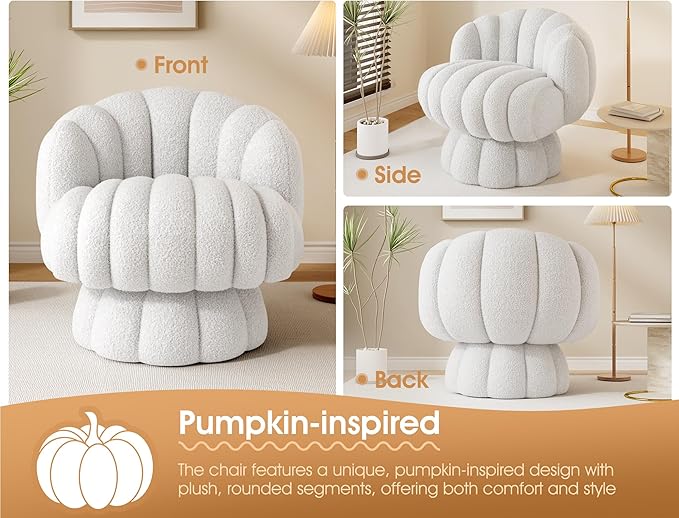Mid Century Modern 360 Degree Barrel Swivel Accent Vanity Chair,Fluffy Sherpa Fabric Lounge Wide Upholstered Pumpkin Reading Chair, Round Cloud Armchair for Living Room,Bedroom,Vanity(Beige)