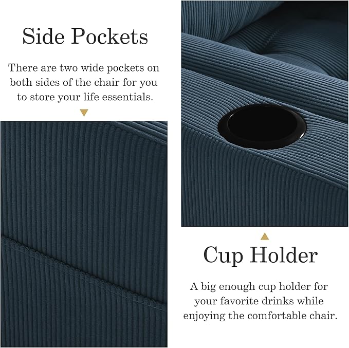 UIXE 3-in-1 Sleeper Chair Pull Out Sofa Bed, Convertible Reclining Seat Upholstered Armchair, Adjustable Backrest Recliner Chair with Side Pockets, Cup Holder & USB Ports - Navy Blue