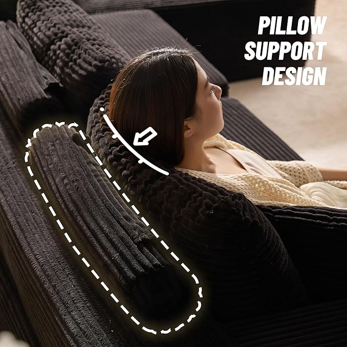 138" Boneless Couch with Deep Seat, Modular Sectional Sofa, Cloud Sectional Couch for Living Room, No Assembly Required, Corduroy, U-Shape 4 Seater Left, Black