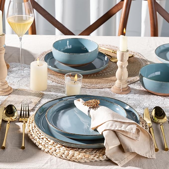 AmorArc Ceramic Dinnerware Sets for 4, 12 Pieces Handpainted Plates and Bowls Set with Rustic Terracotta Underside, Scratch Resistant Stoneware Dishes Set, Dishwasher & Microwave Safe