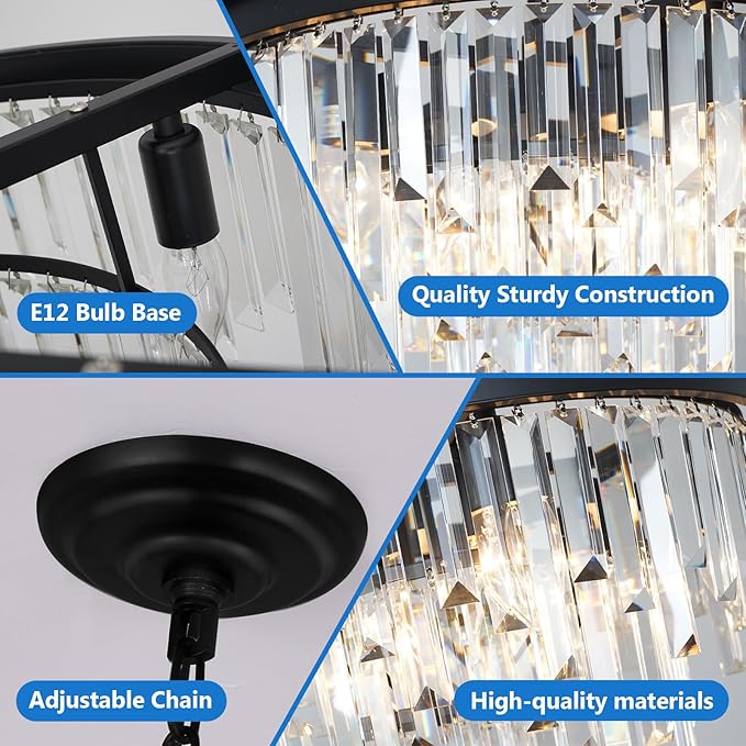 39'' Modern Crystal Chandelier, Black Round Ceiling Light with Clear Prisms, Luxury Flush Mount Lighting Fixture for Dining Room Bedroom Foyer