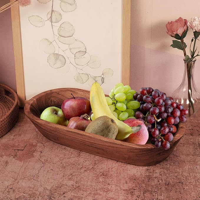 Wooden Dough Bowl – Handmade Decorative Bowls for Home Decor, Bathroom, Kitchen Counter & More - Acacia Wood Large Dough Bowl Fits Cosmetics, Keys & Other Knick Knacks – Great Boho Home Decorations