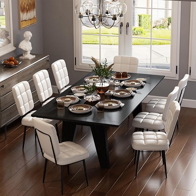 Leather Dining Chairs Set of 6, Upholstered Dining Room Kitchen Chairs with Thick Cushion, High Backrest, Metal Legs, Mid Century Modern Side Chair for Home Living Room Cafe Restaurant, White