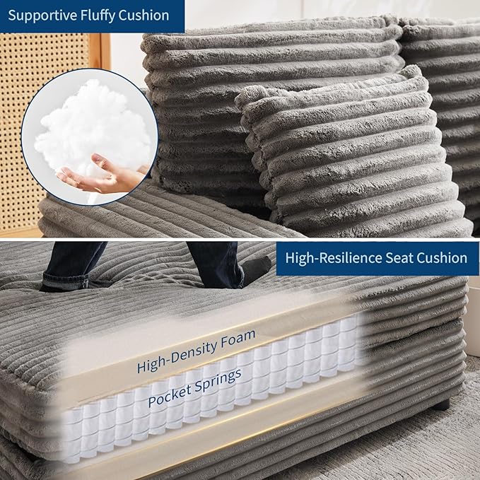 GarveeHome Oversized Chaise Lounge Chair Indoor, Comfy Corduroy Lounge Sofa with Charging Station, Cup Holders & Throw Pillows, Cozy Sleeper Couch for Living Room Apartments, Grey