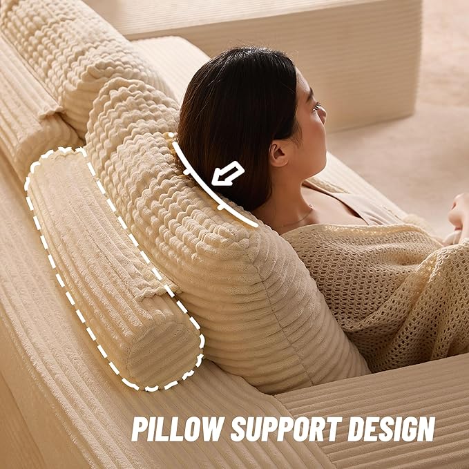 107" Boneless Couch with Deep Seat, Modular Sectional Sofa, Cloud Sectional Couch for Living Room, No Assembly Required, Corduroy, L-Shape Right，White