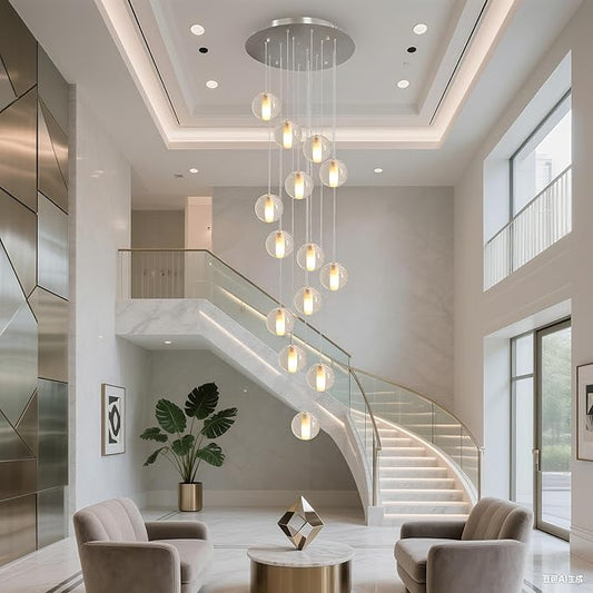 14 Lights Nickel Staircase Chandelier for High Ceiling, Dimmable Modern Crystal Raindrop Large Long Hanging Pendant Light for Stairwell Living Room Stair Foyer, Bulbs Included