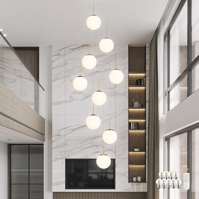 KoKo&Yukina 9-Light Globe Milky White Glass Pendant Light Adjustable Length Pendant Lights Modern Glass Globe Pendant Lights Gold Chandeliers Large Chandeliers for High Ceilings (Bulb & Remote Incl)