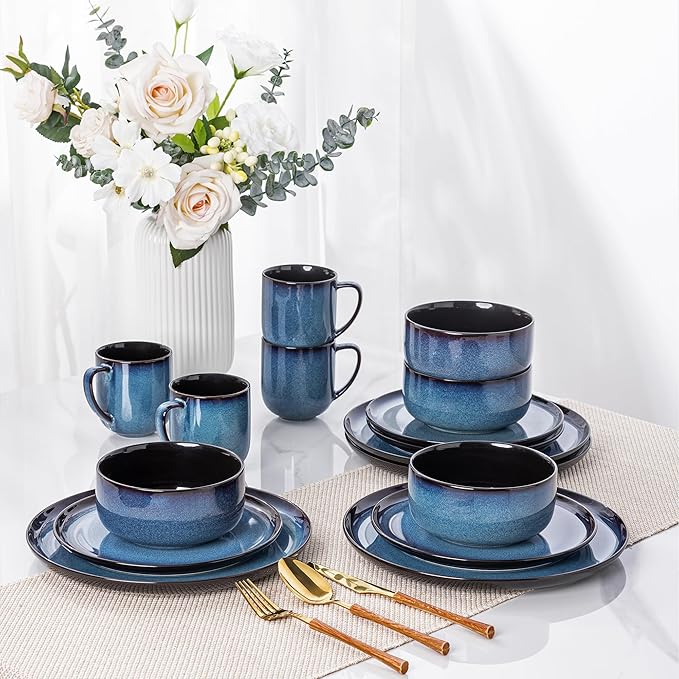 LERATIO Ceramic Dinnerware Sets for 4,16-PieceReactive Glaze Plates and Bowls Set with Mugs,Highly Chip and Crack Resistant | Dishwasher,Microwave & Oven Safe Dishes set-Blue