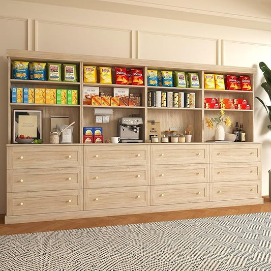 71" Farmhouse Kitchen Pantry Cabinet Set of 4 with Drawers, Brown Freestanding Coffee Bar Hutch with Microwave Stand, Large Storage Cabinet with Adjustable Shelves for Kitchen, Living Room