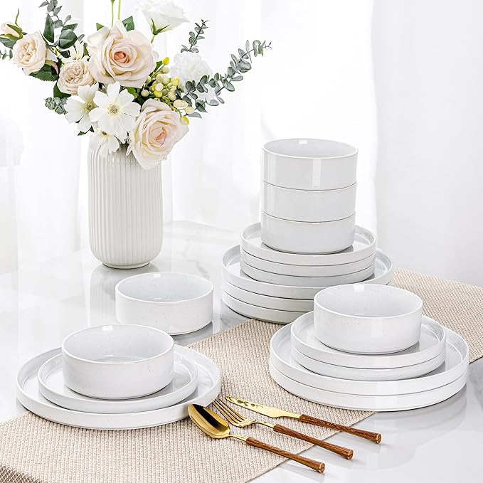 GBHOME Dinnerware Set for 6, 18 Piece Speckled Plates and Bowls Set with Glazed Bottom, Chip & Scratch Resistant Stoneware Plates Sets, Dishwasher & Microwave Safe Dishes, White