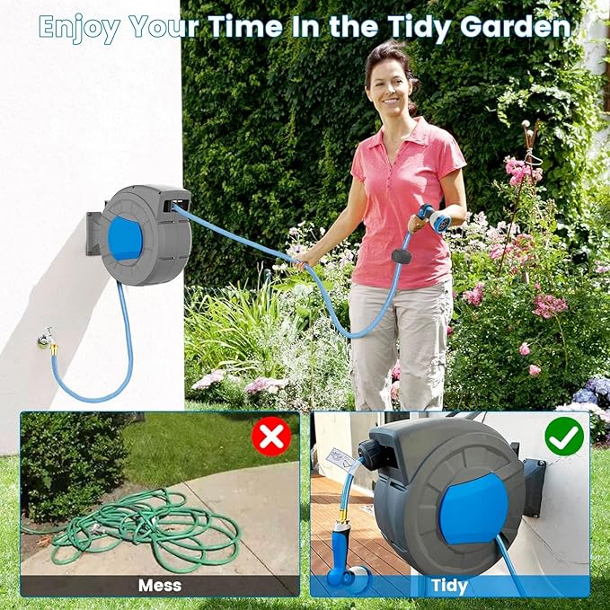 Retractable Garden Hose Reel, 1/2" x 100 ft + 6.5 ft Wall Mounted Water Hose Reel for Outside with 10 Pattern Nozzle, Automatic Slow Rewind System/Lock Any Length/180°Swivel