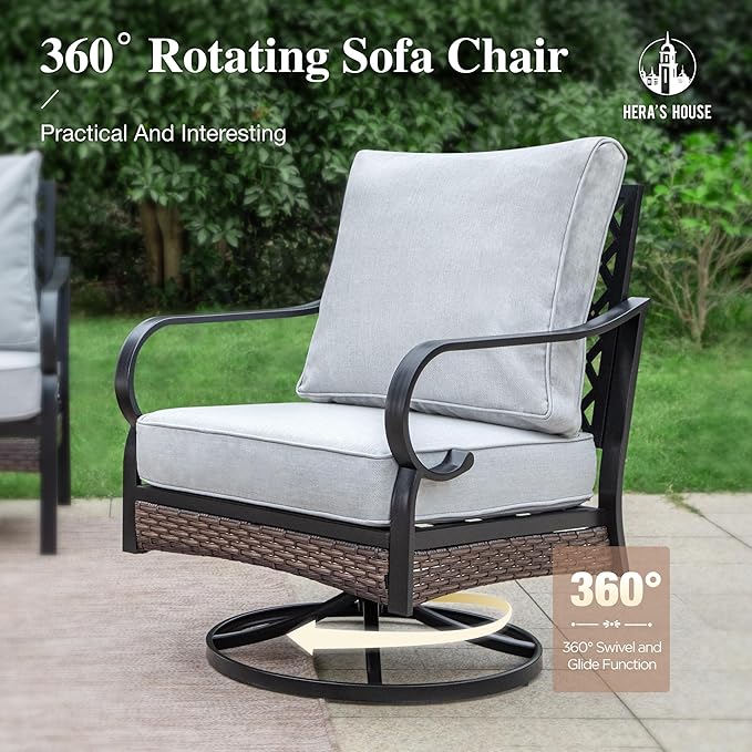 HERA'S HOUSE 4 Piece Patio Furniture Set with 56" Fire Pit Table, 2 x Swivel Cushioned Chair, 1 x 3-Seat Sofa, 5-Seats Outdoor Conversation Set for Lawn Garden Deck, Light Grey