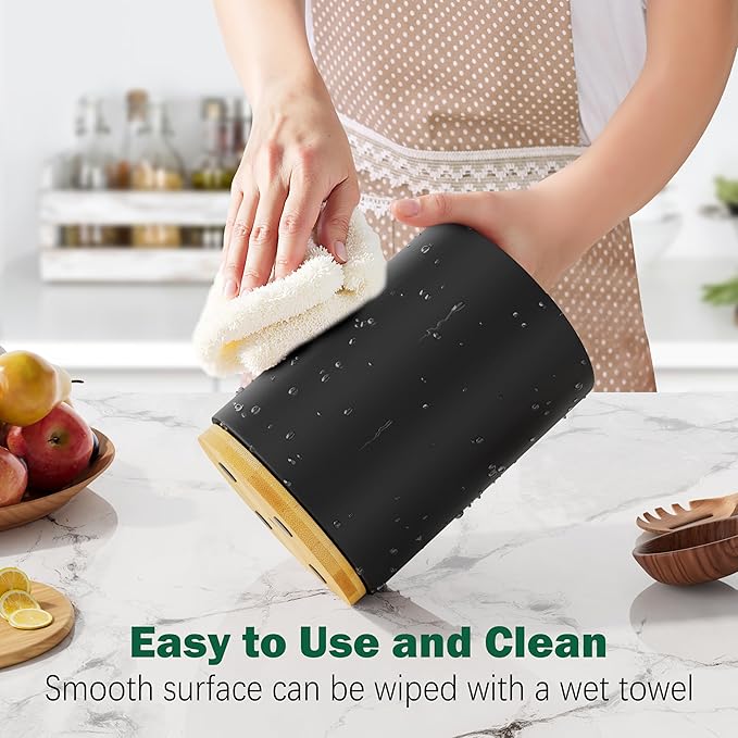 Black Utensil Holder Wood Kitchen Utensil Holder for Countertop, 360°Rotating Cooking Utensil Crock for Counter, 7.2" Large Utensil Organizer for Spatula Kitchen Decor