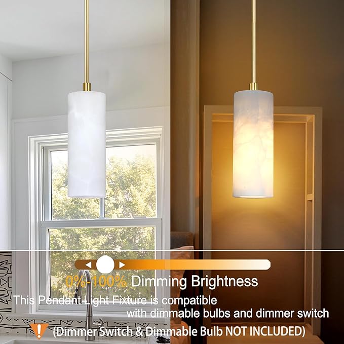 1 Light Modern Industrial Farmhouse Hanging Kitchen Island Pendant Ceiling Light Fixture,Cylinder Natural Alabaster Marble Brushed Bronze Finish Over Sink Restaurant bar Corridor