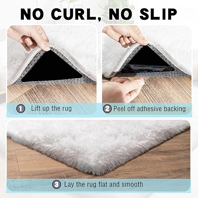 3x5 Area Rug for Bedroom, White Rugs for Living Room Nursery Kids Room Dorm Home Decor Aesthetic, Fluffy Shaggy Rug with 4 Anti-Slip Carpet Tapes