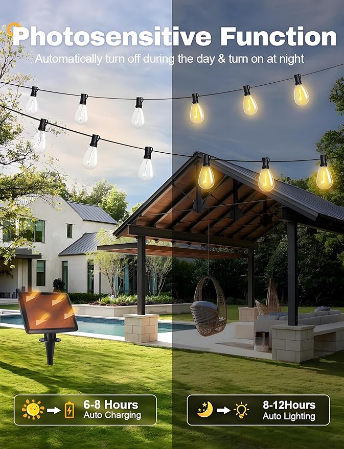 Tenmiro 30FT Solar String Lights Outdoor with Remote and 8+1 LED Shatterproof Bulbs Dimmable & Timing 3 Light Modes Solar Patio String Lights for Cafe, Garden, Deck, Outside Wedding Last for 10+Hrs