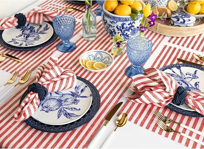 Solino Home Linen Placemats Set of 4 - Amalfi Stripe Red and White Placemats 14 x 19 Inch - 100% Pure Linen Place Mats
