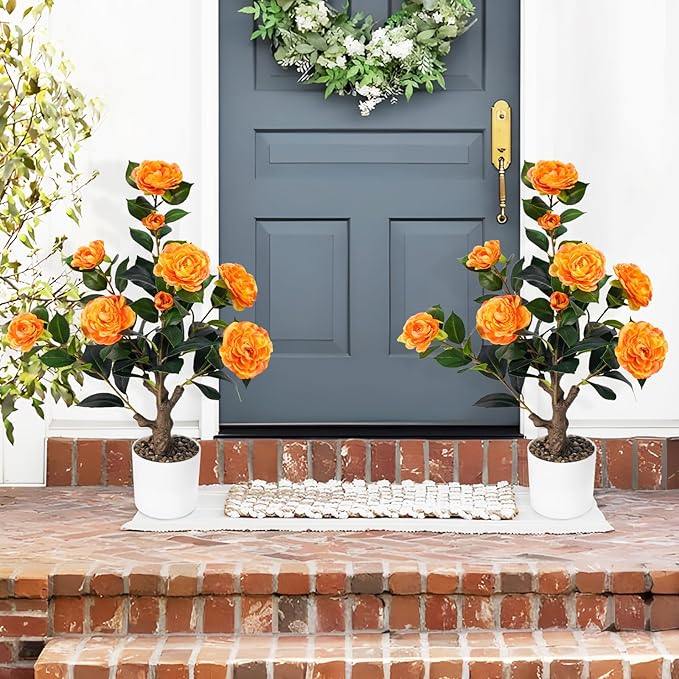 2FT Artificial Camellia Tree, Small Fake Tree for Outdoor Indoor, Plastic Potted Plants for Home Office, Tabletop Desk Orange Flower Plants (1 Pack)