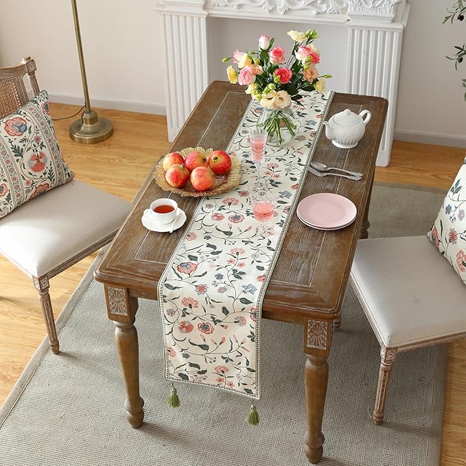 ISAENNE Designer Chinoiserie Elegant Linen Floral Table Runner 87 Inches Long,White Wrinkle Resistant Table Runners for Dining Tables,Thanksgiving,Kitchen Tables,Christmas,12"*87"-Daffy A