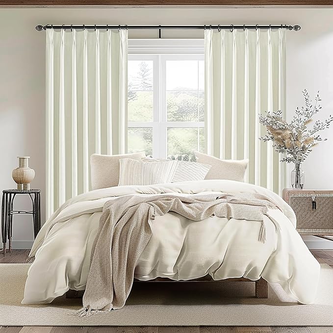 Cream White Viral Blackout Canvas Curtains 100 Inches Long 2 Panels Set for Bedroom, Neutral Pinch Pleated Linen Heavy Thermal Curtains for Winter Room Darkening Insulated Window Drapes 40x100 Inch