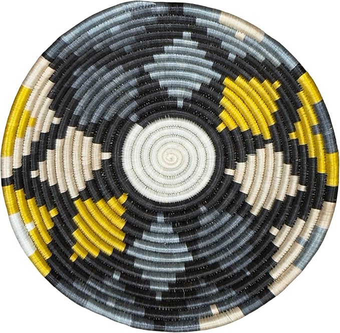 Handwoven African Basket Handmade sisal Fruit Bowl Wall Hanging decorative Baskets for Home Living Room Kitchen Centerpiece Zen Designs Arts and Crafts (Slate Grey Black Yellow, 10in diameter)