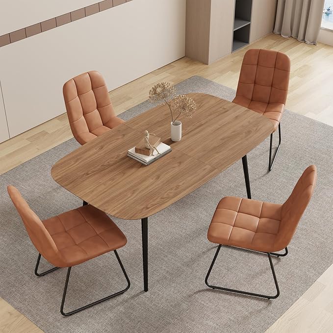 55.1'' Dining Table Set for 4,Modern Wood Dining Table,Leather Dining Chairs 4,Table and Chairs Set of 4,Ideal for Kitchen Dining Room (Walnut Color Table + 4 U-Shaped Brown Chairs, 55.1")