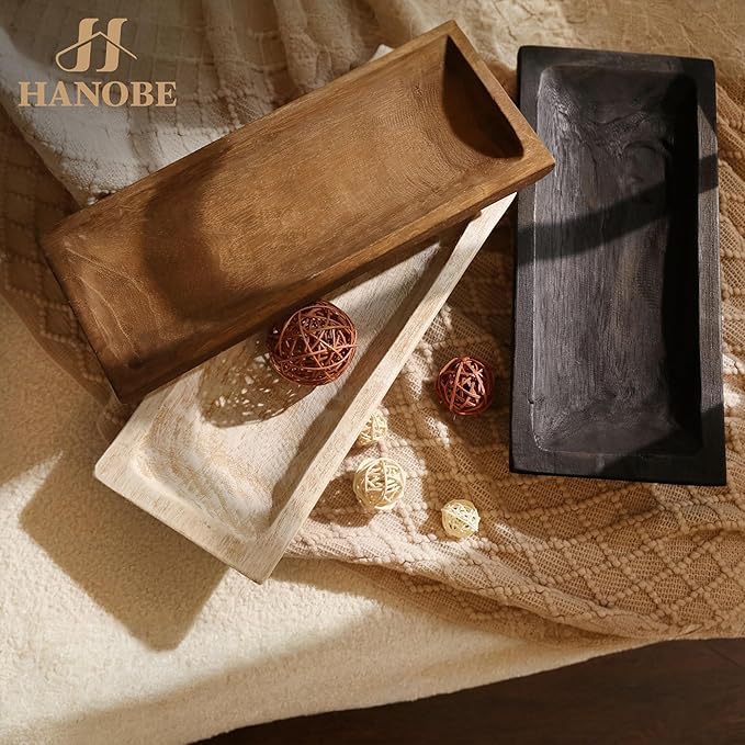 Hanobe Decorative Wood Dough Bowl: Long Wooden Bowl for Entry Way Table Home Decor - Coffee Table Decor for Living Room - Dining Table Centerpiece Decor, White